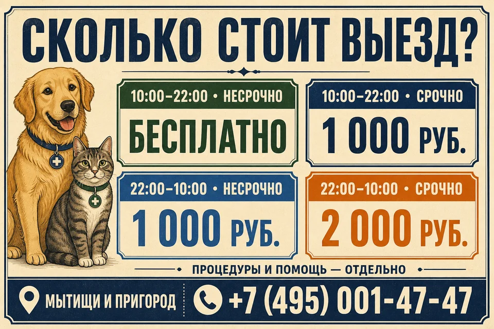 Памятка со стоимостью выезда ветеринара: дневные и ночные, срочные и несрочные тарифы для Мытищ и пригорода