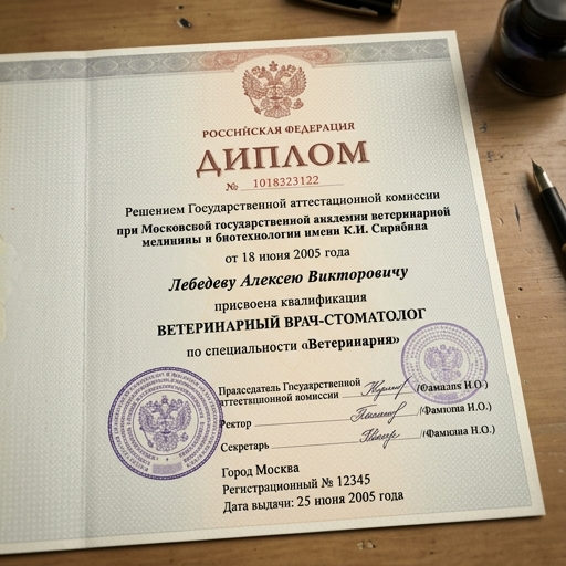 Диплом Алексея Викторовича Лебедева по специальности ветеринария